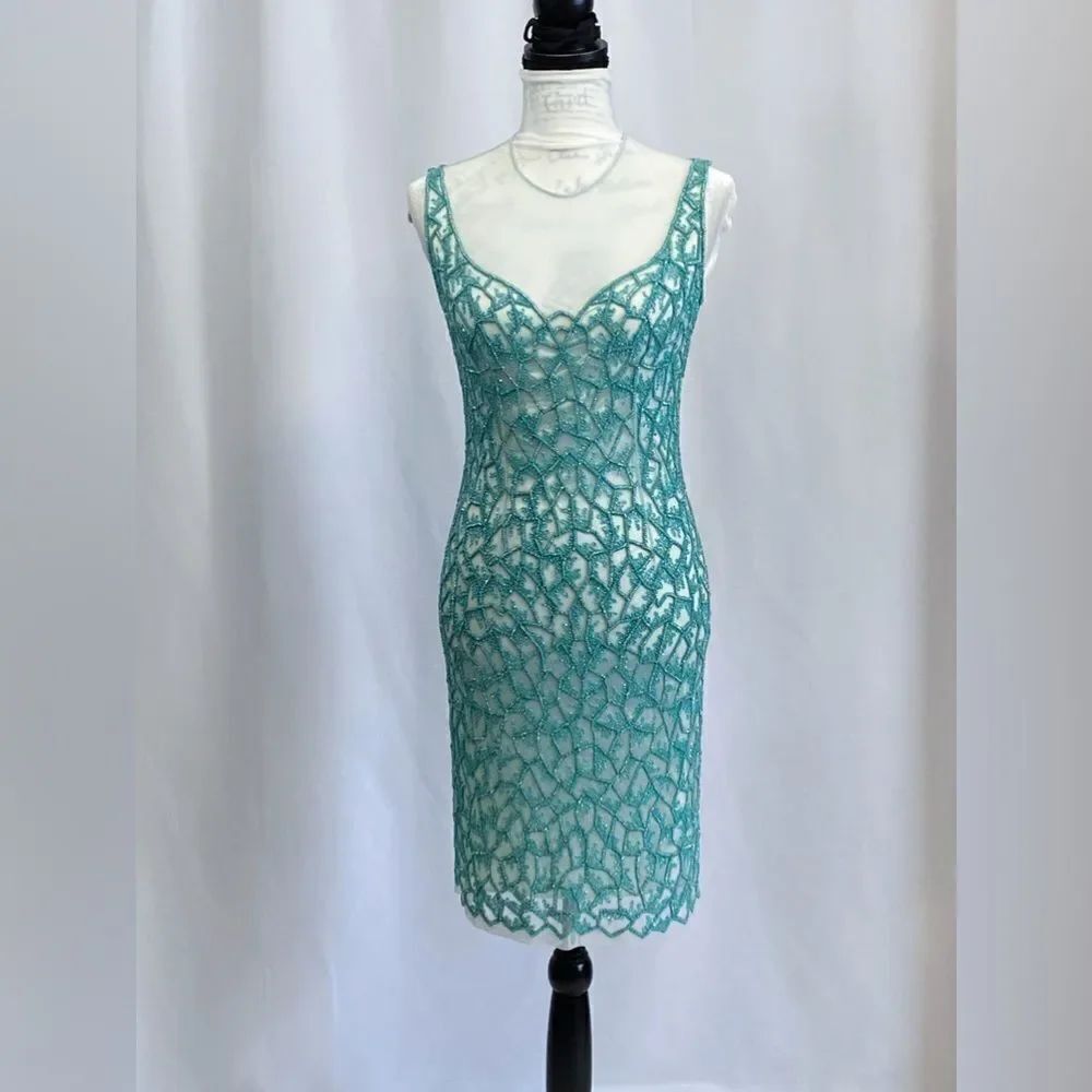 JOANNA MASTROIANNI Beaded Illusion-Neck Cocktail Dress size 2